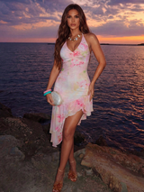 SHEIN Allurite Women's Pink Floral Summer Boho Holiday Vacation Halter V Neck Dress