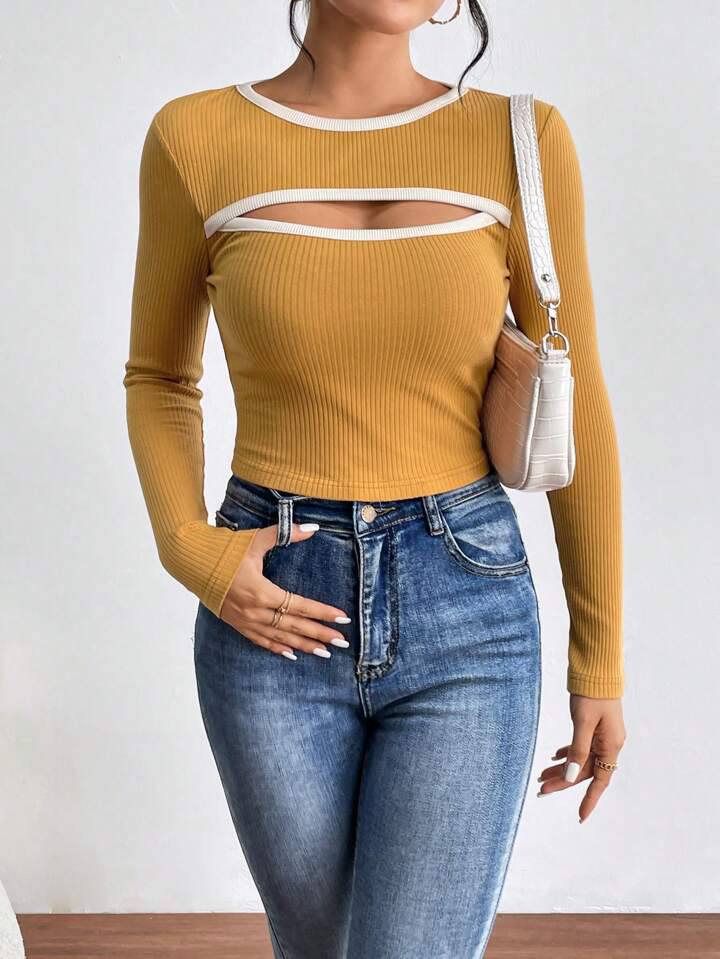 SHEIN Essnce Cut Out Contrast Binding Ribbed Knit Tee