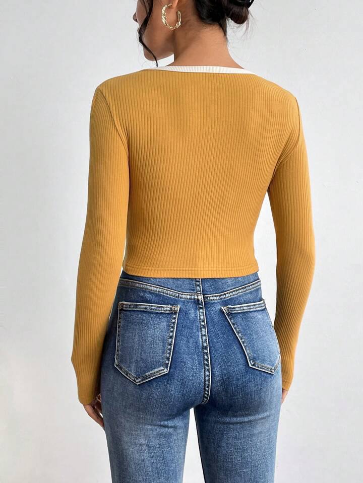 SHEIN Essnce Cut Out Contrast Binding Ribbed Knit Tee