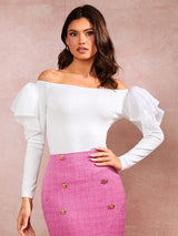 SHEIN Off Shoulder Ruffle Trim Rib-knit Tee