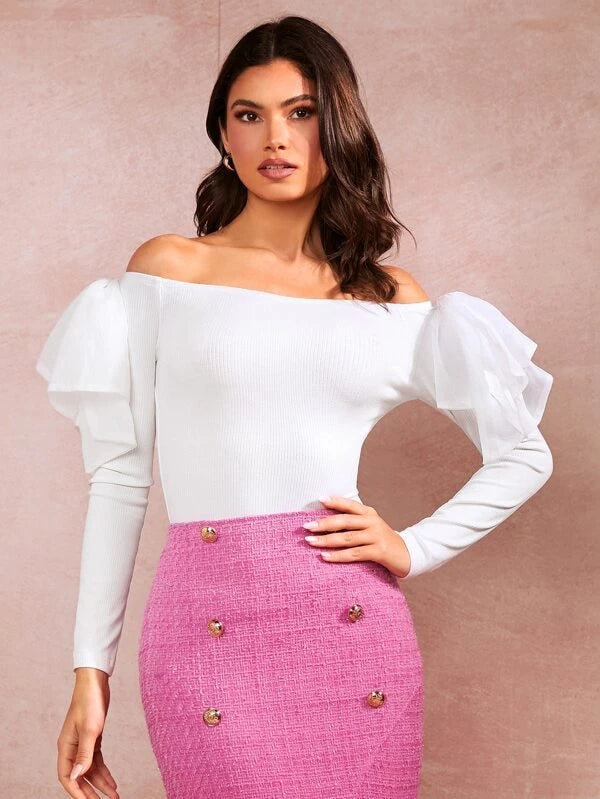 SHEIN Off Shoulder Ruffle Trim Rib-knit Tee