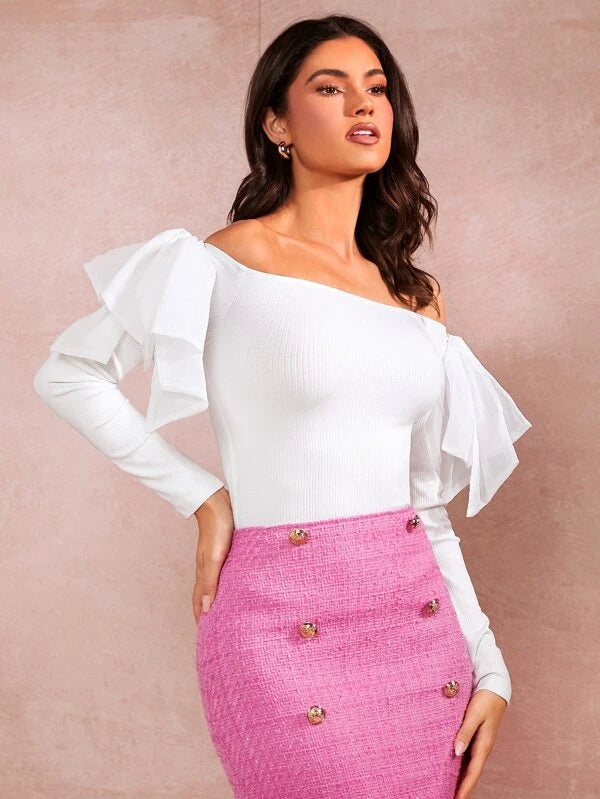 SHEIN Off Shoulder Ruffle Trim Rib-knit Tee