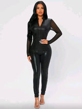 SHEIN PETITE Zip Up Mesh Panel Unitard Bodycon Black Jumpsuit