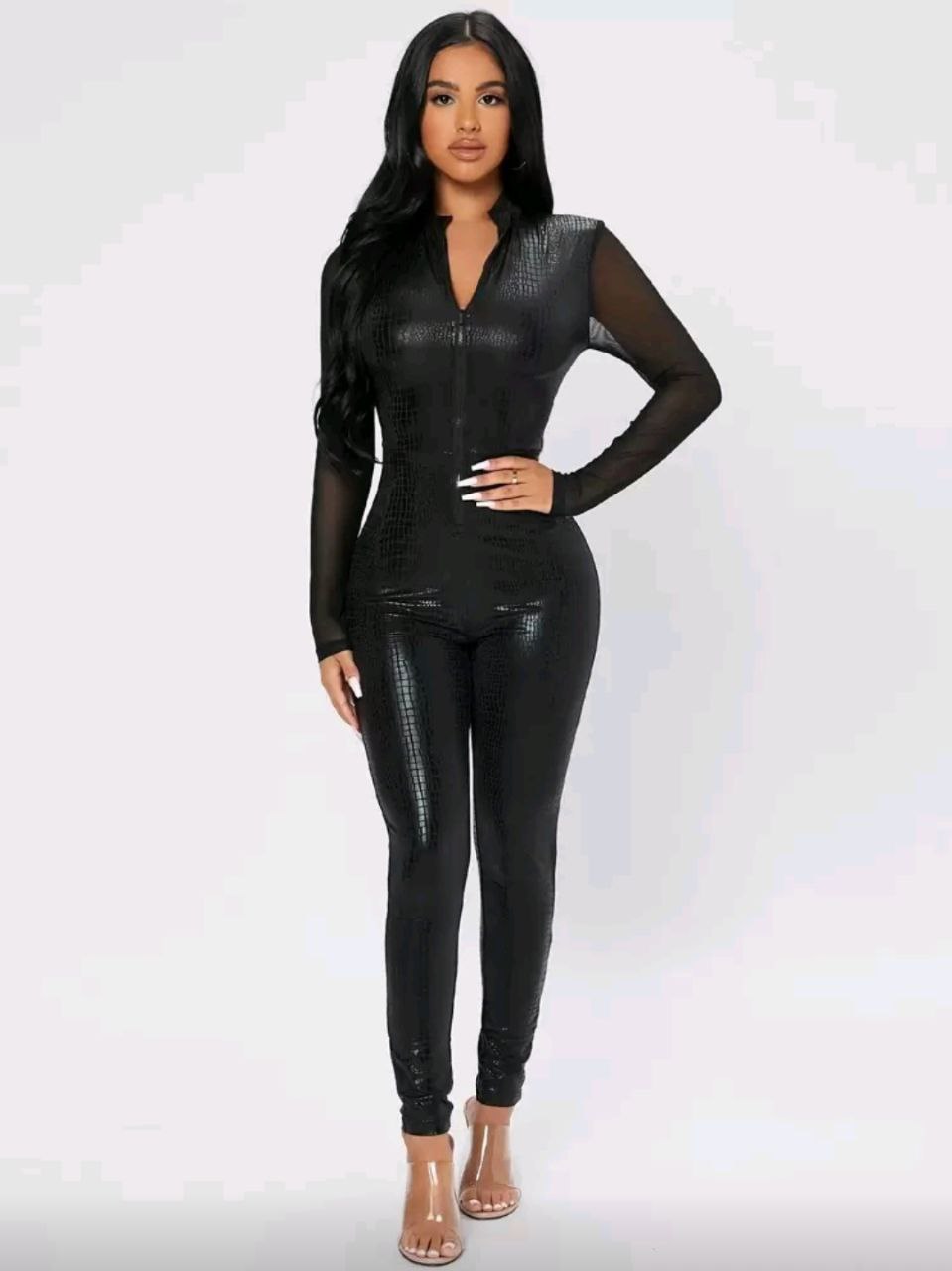 SHEIN PETITE Zip Up Mesh Panel Unitard Bodycon Black Jumpsuit