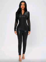 SHEIN PETITE Zip Up Mesh Panel Unitard Bodycon Black Jumpsuit