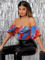 SHEIN SXY Off Shoulder Tie Dye Graphic Ruched Zip Back Bodysuit