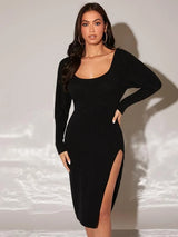 SHEIN Scoop Neck Slit Thigh Sweater Dress Without Belt