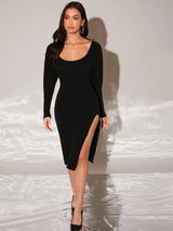 SHEIN Scoop Neck Slit Thigh Sweater Dress Without Belt