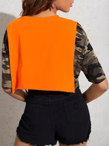 SHEIN Slogan Graphic Camo Sleeve Crop Top