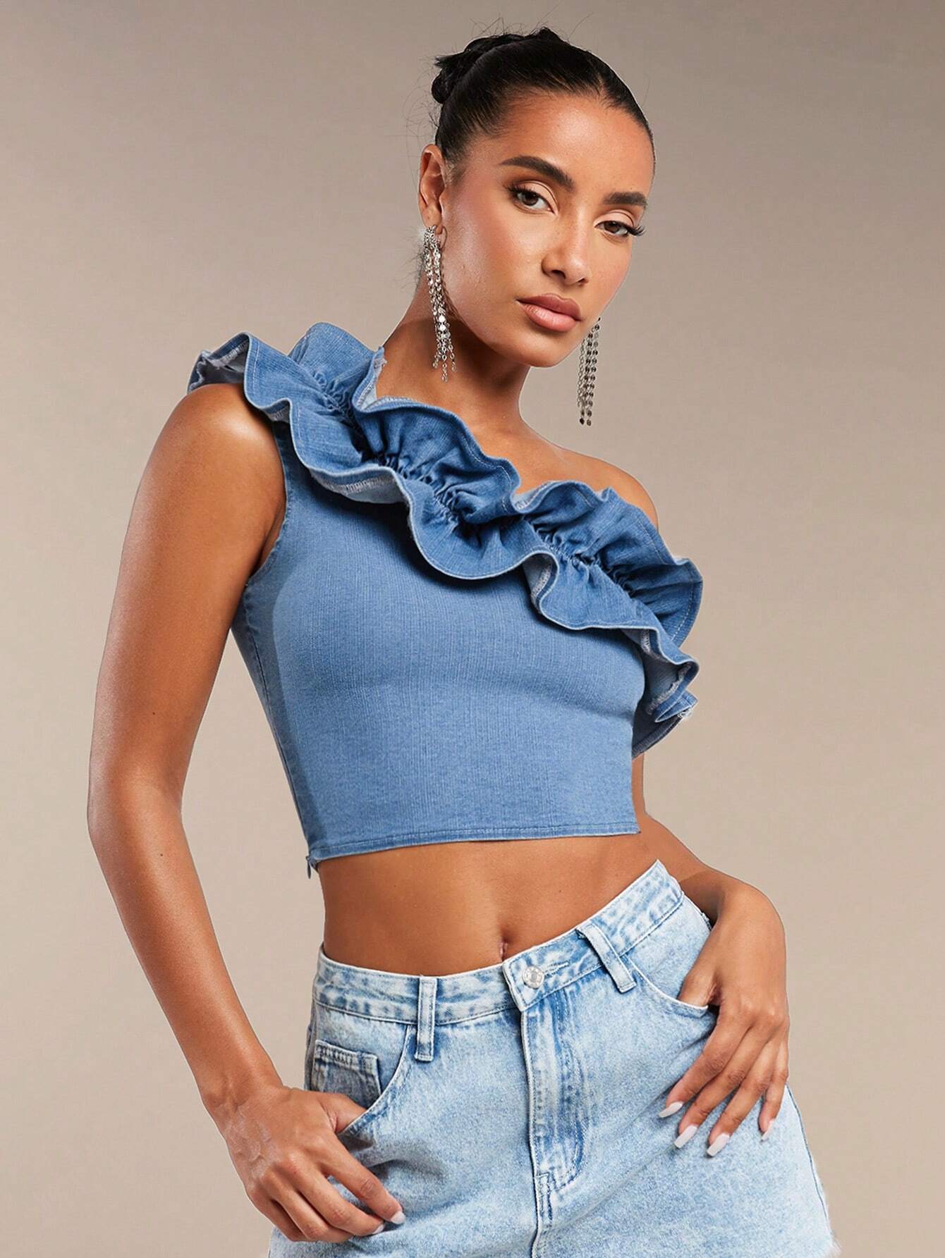 SHEIN BAE One Shoulder Ruffle Trim Crop Denim