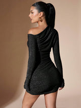 SHEIN BAE Women's Autumn/Winter Solid Color Long Sleeve Knit Oblique Off Shoulder Ruched Bodycon Mini Dress