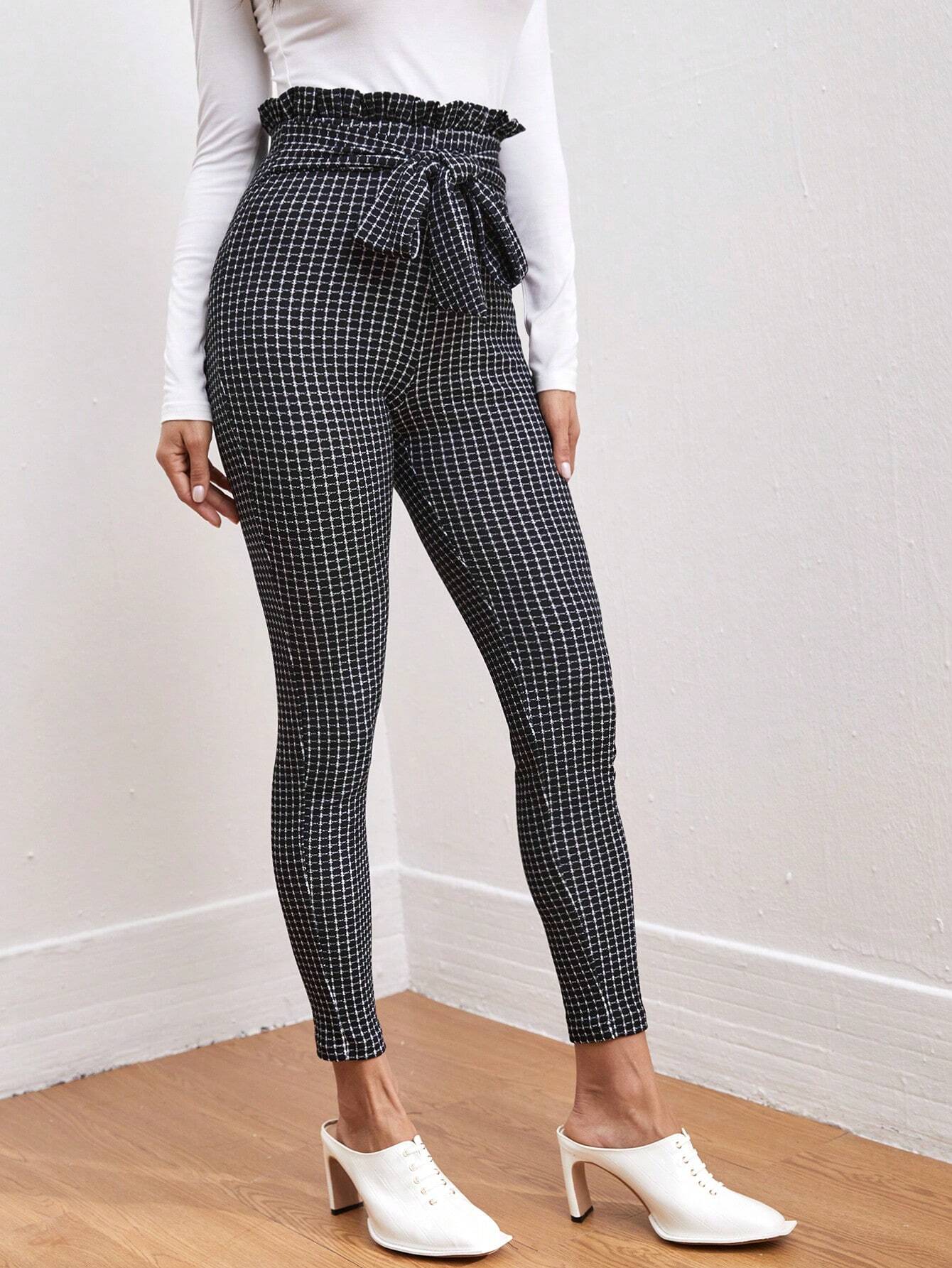 SHEIN Clasi Tie Front Paperbag Waist Plaid Skinny Pants Workwear