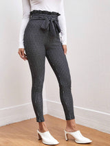 SHEIN Clasi Tie Front Paperbag Waist Plaid Skinny Pants Workwear