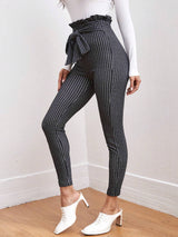 SHEIN Clasi Tie Front Paperbag Waist Plaid Skinny Pants Workwear