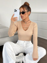 SHEIN EZwear Solid Chain Detail Ribbed Knit Sweater