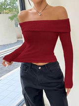 SHEIN EZwear Winter Women Black Velvet Off The Shoulder Long Sleeve Crop Top