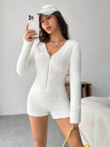SHEIN EZwear Zip Front Fuzzy Unitard Romper
