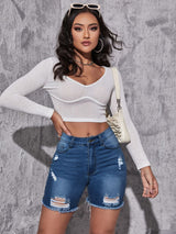 SHEIN Essnce Ripped Raw Hem Denim Shorts