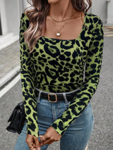 SHEIN LUNE Autumn Leopard Print Ruched Waist Long Sleeve Fitted Women's T-Shirt