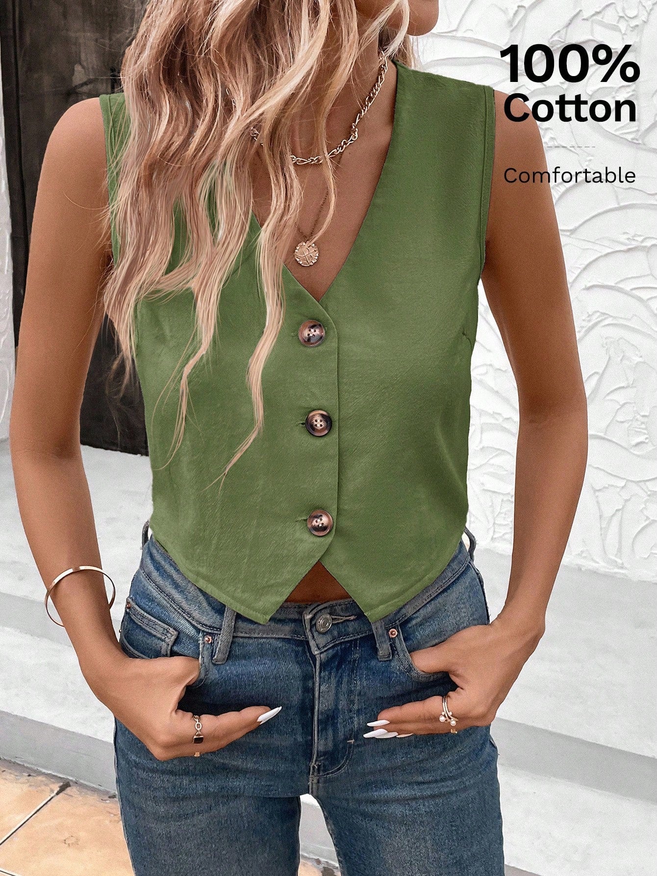 SHEIN LUNE Office Lady Fashionable Solid Color Camisole Vest Shirt Green Top