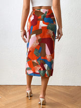 SHEIN Privé Patchwork Print Knot Split Thigh Skirt