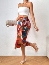 SHEIN Privé Patchwork Print Knot Split Thigh Skirt