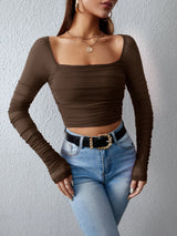 SHEIN Privé Square Neck Ruched Mesh Crop Top