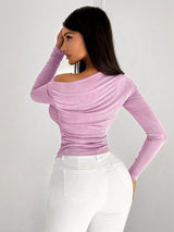 SHEIN SXY Sexy Minimalist Hollow Asymmetrical Shoulder Long Sleeve Pink T-Shirt