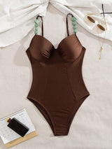SHEIN Swim Chicsea Shiny Solid Color Push-Up Swimsuit With Non-Removable Padded Underwire, Front