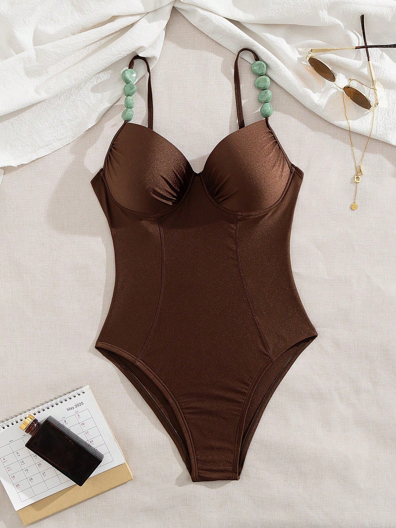 SHEIN Swim Chicsea Shiny Solid Color Push-Up Swimsuit With Non-Removable Padded Underwire, Front