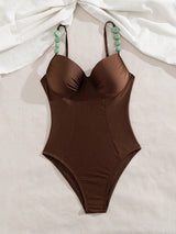 SHEIN Swim Chicsea Shiny Solid Color Push-Up Swimsuit With Non-Removable Padded Underwire, Front