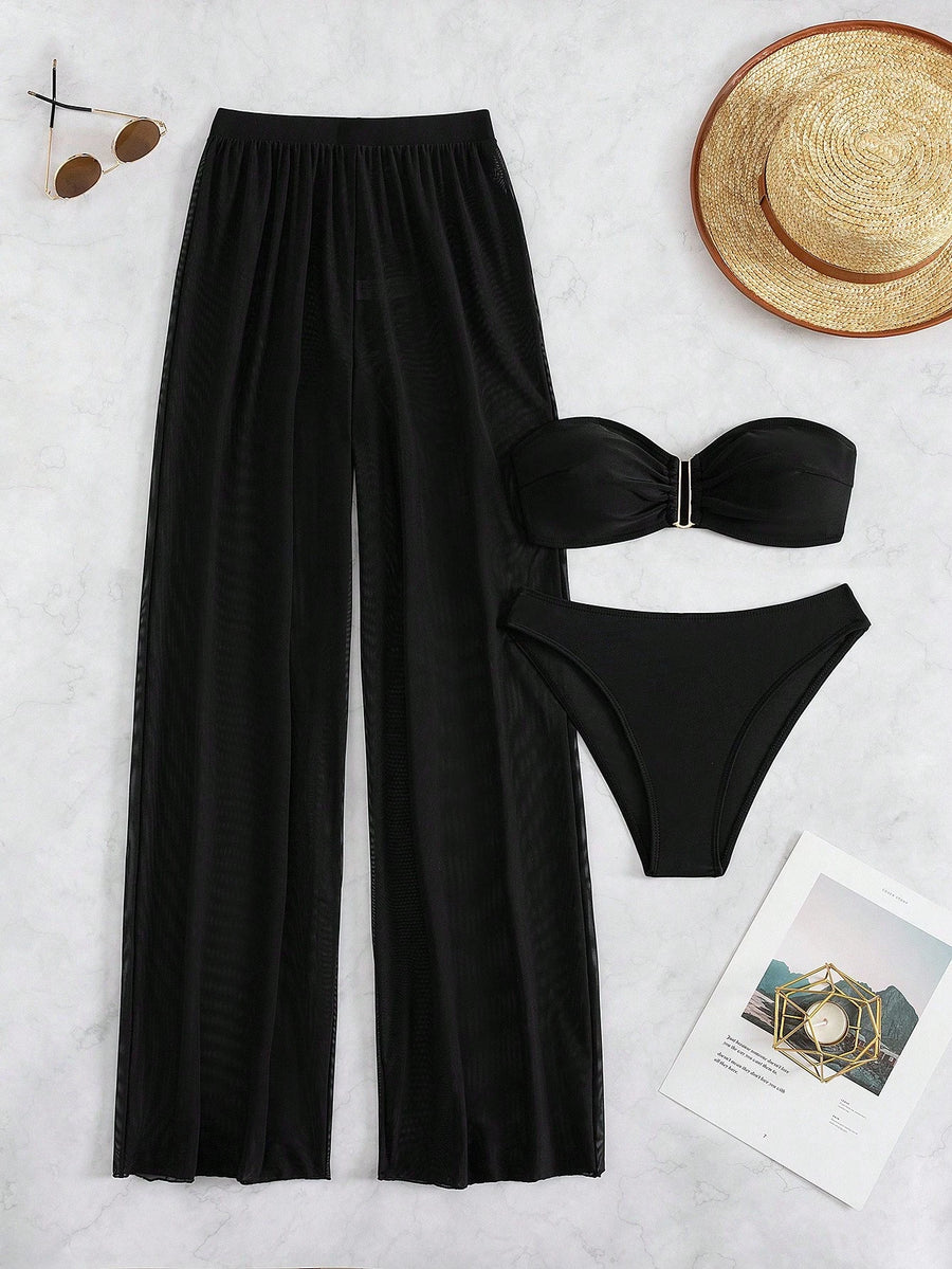 SHEIN Swim Summer Beach Plain Bandeau Bikini Set With Cover Up Pants
