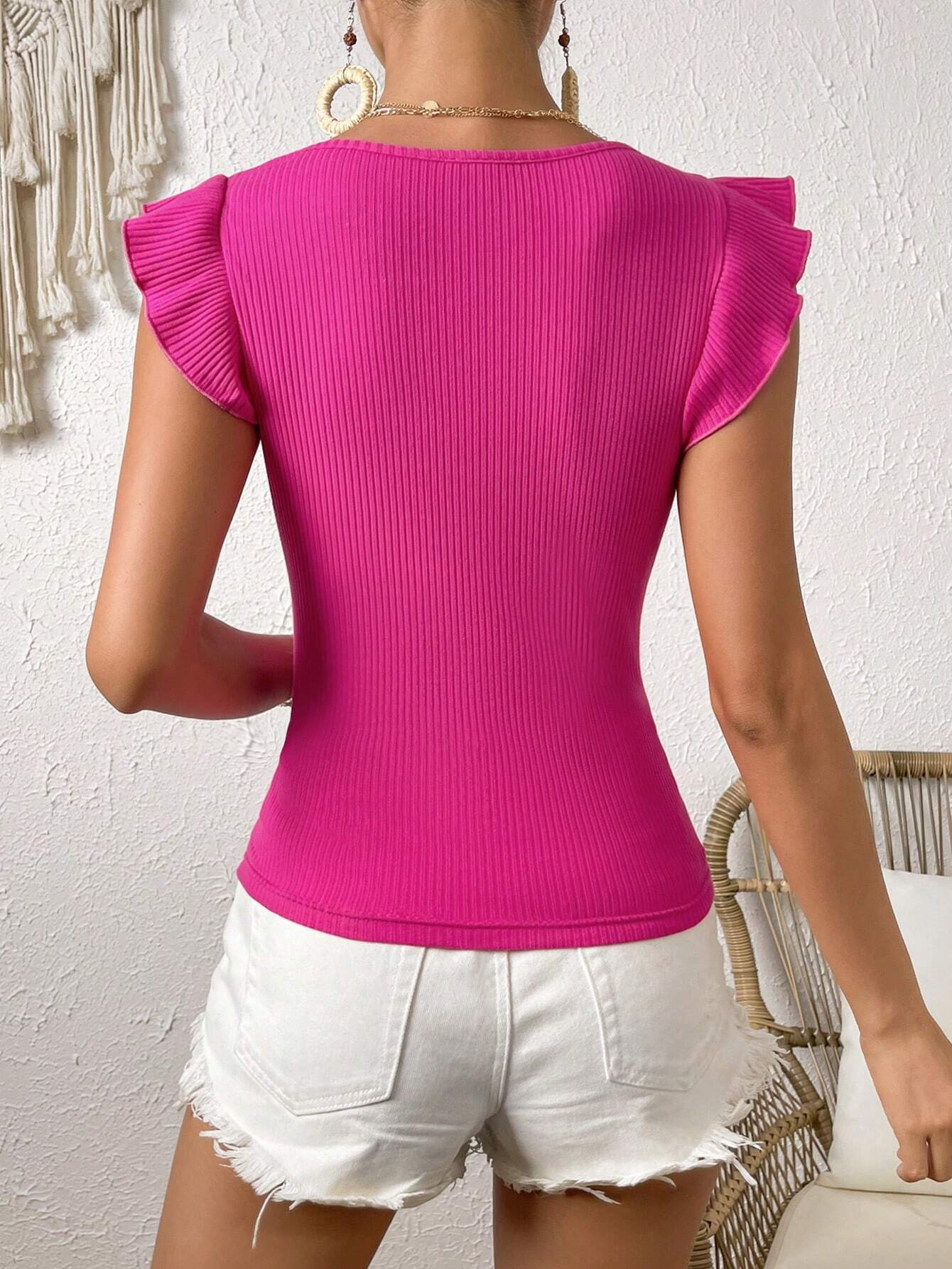 SHEIN VCAY Ruffle Trim Ribbed Summer Beach Women Knit Tee