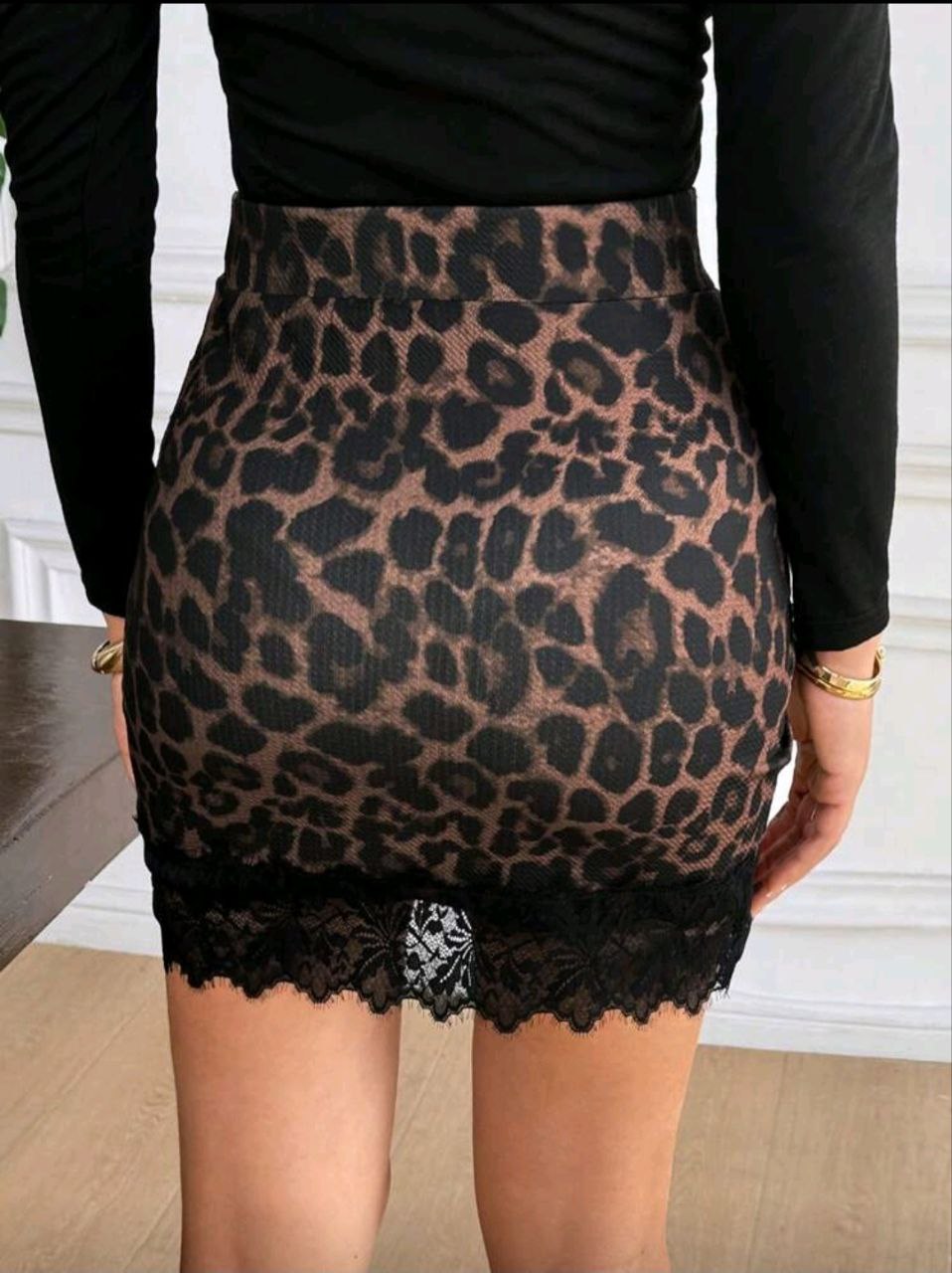 Serisse Women's Fashion Sexy Lace Patchwork Leopard Print Wrap Fitted Mini Skirt