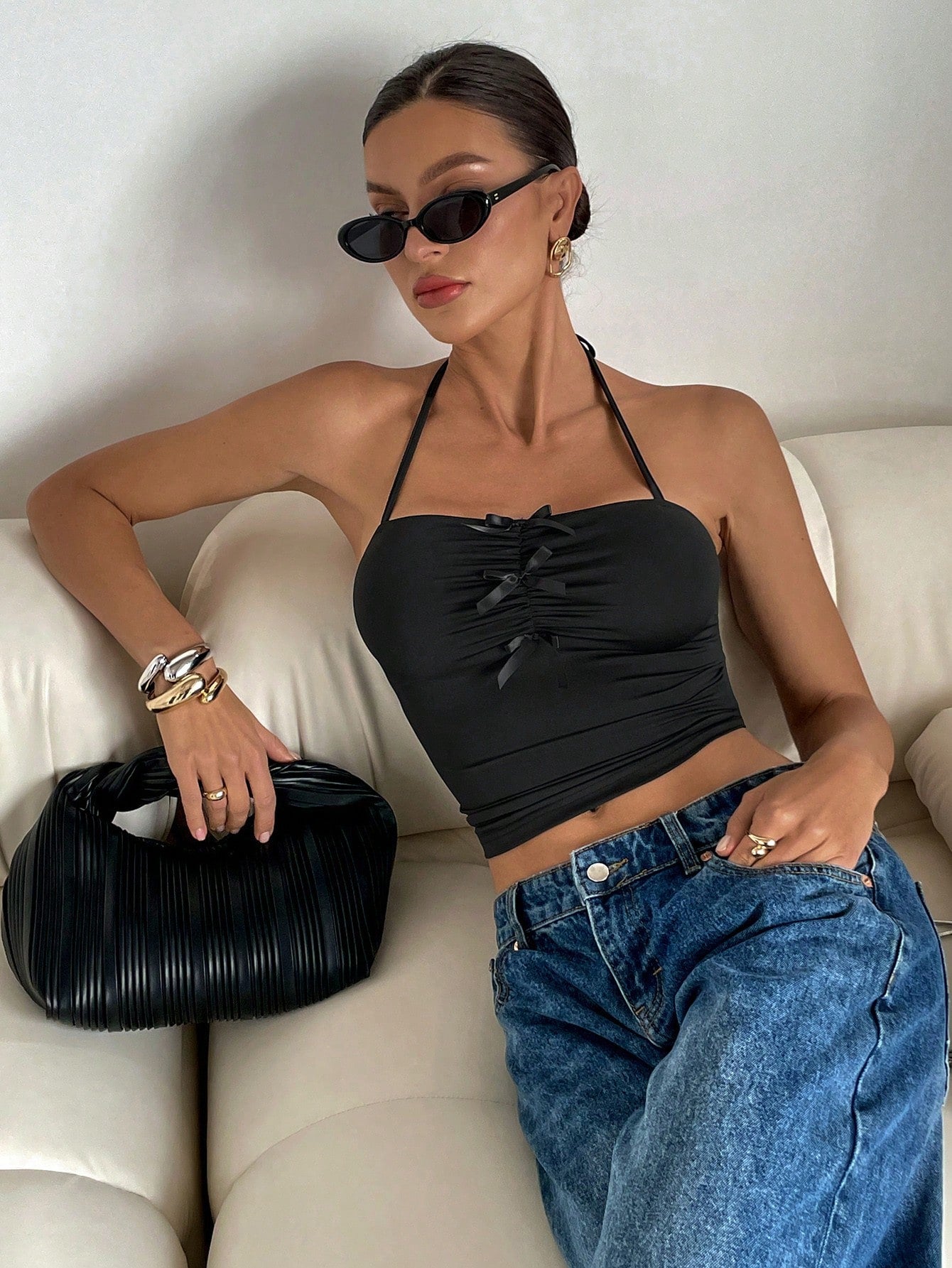 Siren Gaze Bow Top Rave Top Women's Halter Neck Bow Decor