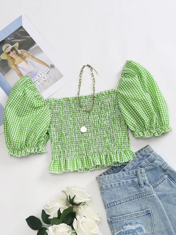 Square Neck Puff Sleeve Gingham Shirred Top