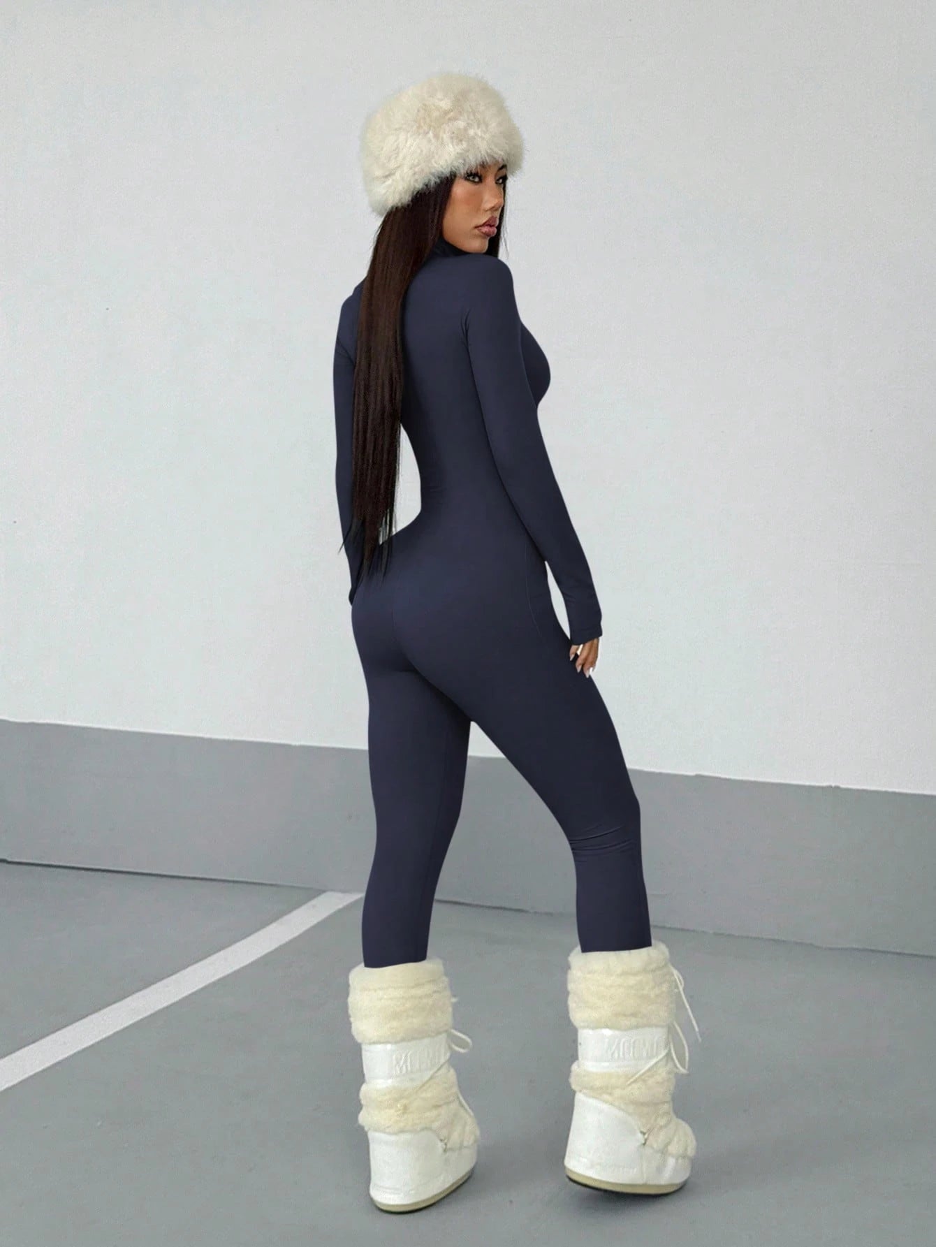 StreetHx Women's Streetwear Solid Color Long Sleeve Half Zip Jumpsuit