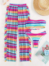 Striped Bandeau Bikini Swimsuit With Ruffle Trim Beach Pants