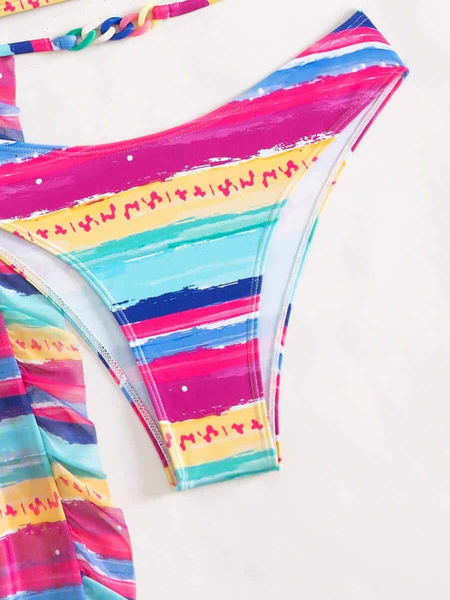 Striped Bandeau Bikini Swimsuit With Ruffle Trim Beach Pants