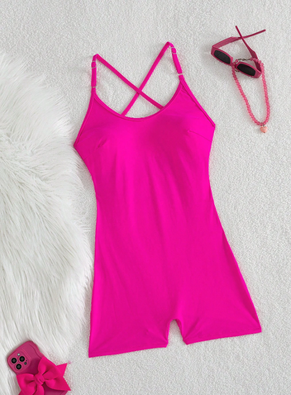 Swim Lushoire Women's Hot Pink Swimsuit, Summer Beach Outfit With Criss-Cross Backless Spaghetti