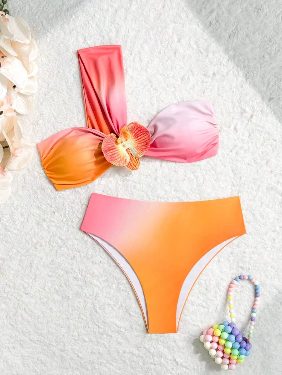 Swim SXY Women 2pcs Spring Break 3D Floral Decor Sleeveless Backless Bikini Set