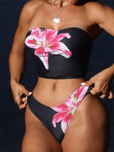 Swim SXY Women's Sexy High Cut Red Floral Print Bandeau And Bottoms Tankini Swimsuit