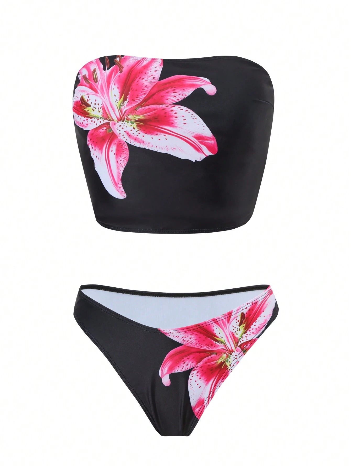 Swim SXY Women's Sexy High Cut Red Floral Print Bandeau And Bottoms Tankini Swimsuit