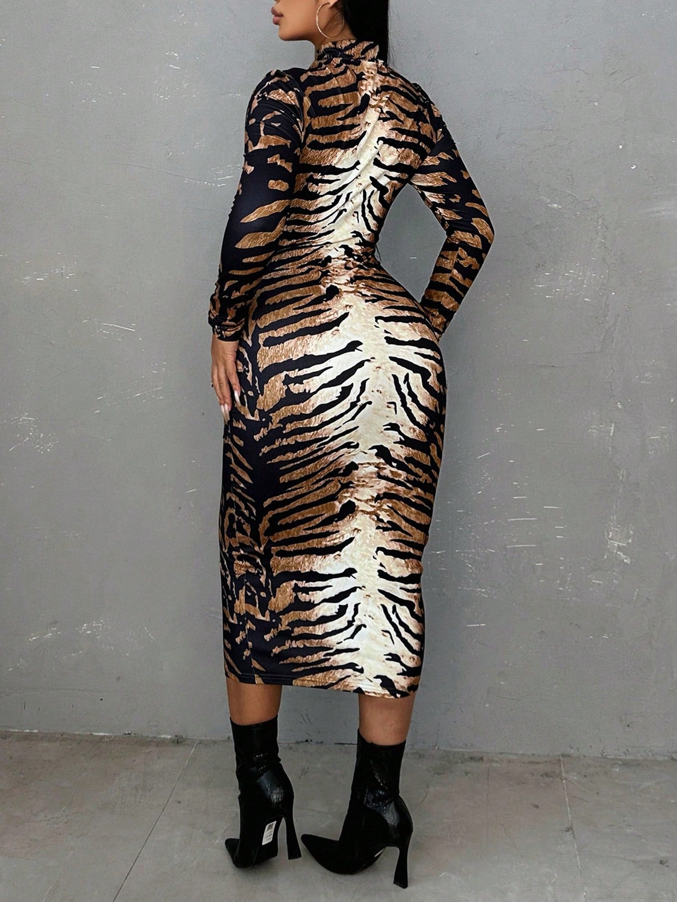 Women's Stand Collar Long Sleeve Printed Slim Fit Dress