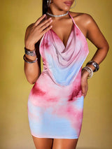 Zyxie Sexy Halter Tie-Up Mesh Draped Neck Tie-Dye Floral Print Mini Dress