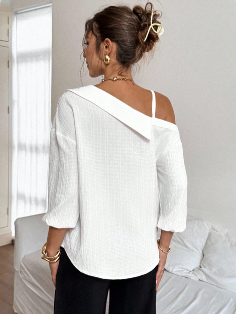 iren Gaze Women's Elegant French White Asymmetric Collar Dropped Shoulder Loose Casual Blouse