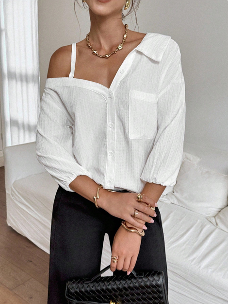 iren Gaze Women's Elegant French White Asymmetric Collar Dropped Shoulder Loose Casual Blouse