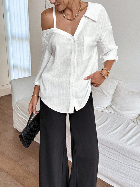 iren Gaze Women's Elegant French White Asymmetric Collar Dropped Shoulder Loose Casual Blouse