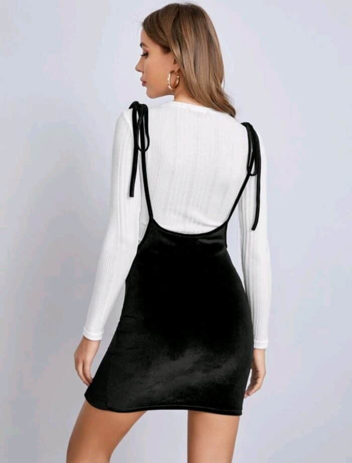 SHEIN Tie Shoulder Split Hem Velvet Suspender Dress - Image 5