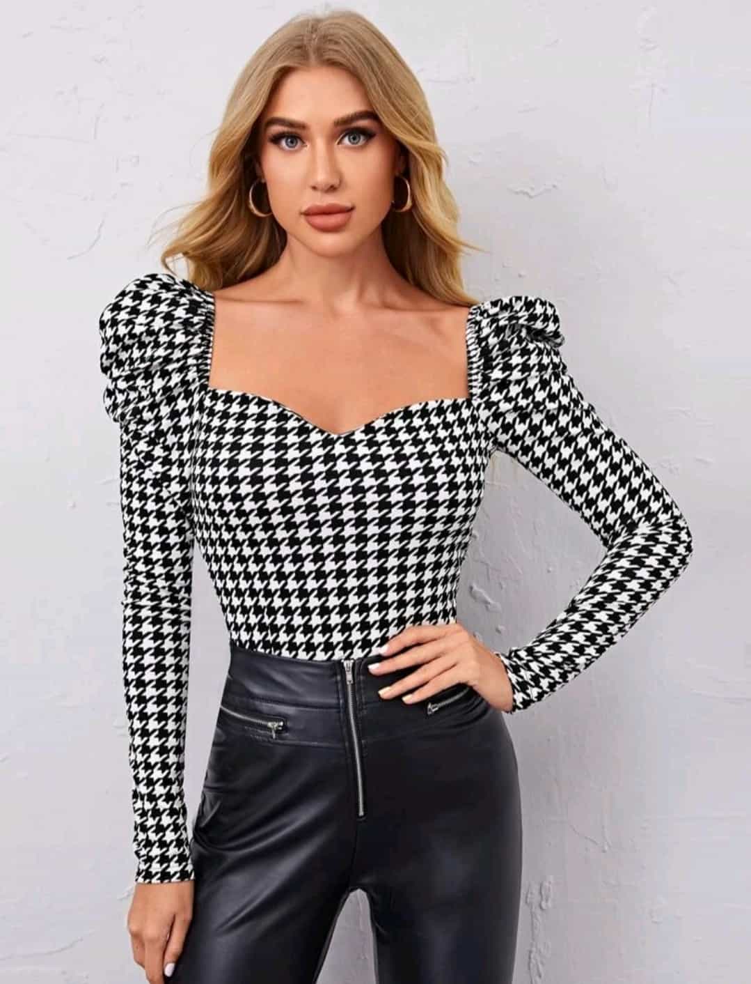 Shein Sweetheart Neck Gigot Sleeve Houndstooth Top Her Shop Eg